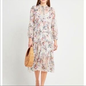O.P.T. Cream Floral Long Sleeve Tiered Peasant Tie Neck Midi Dress Medium M XX18